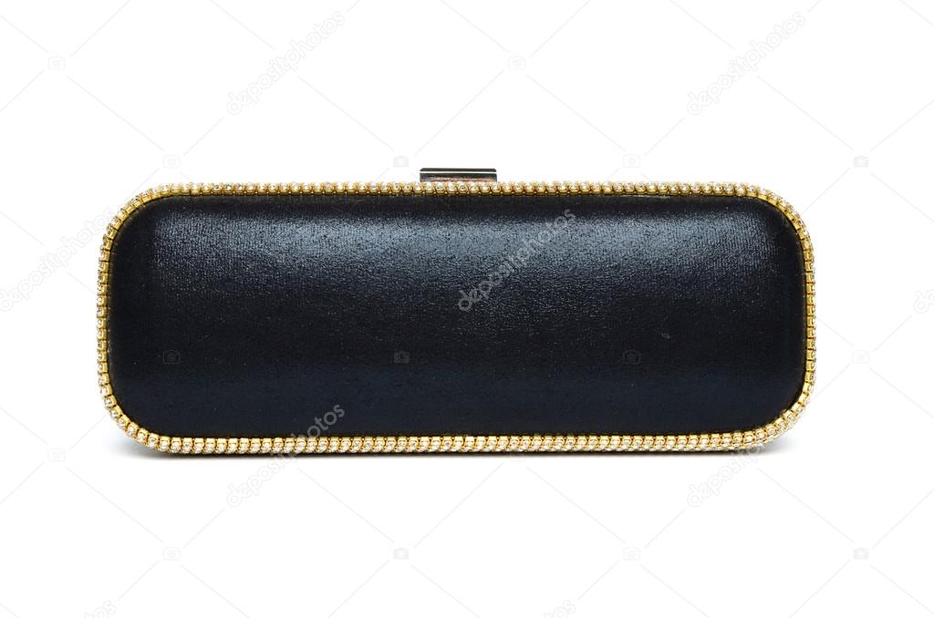 Black leather clutch with gold trim on a white background