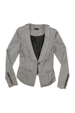 Kadın beyaz bir arka plan gri ceket