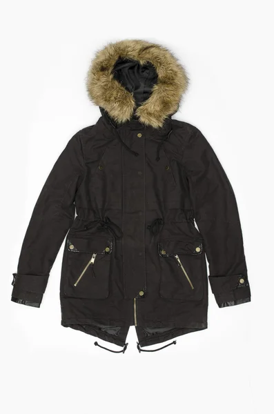Zwarte winter jas met een kap geïsoleerd op wit — Stockfoto