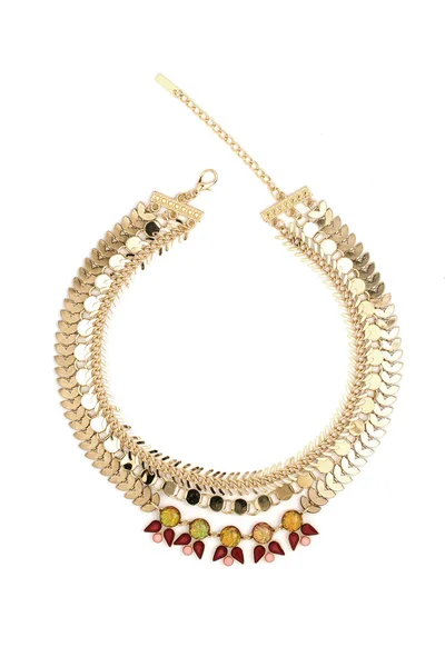 Gold necklace with colored stones isolated on white — Stock Photo, Image