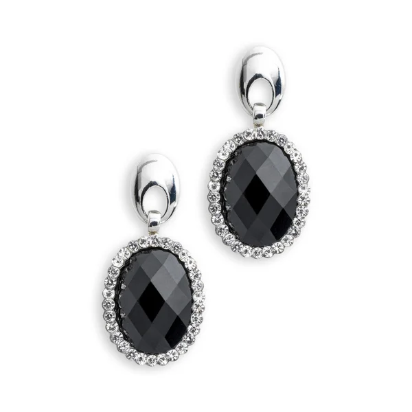 Silver earrings with onyx isolated on white — Stock Photo, Image