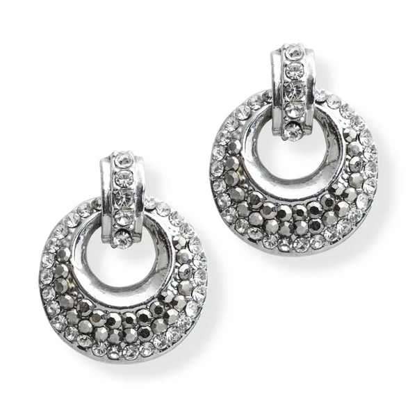 Silver earrings with diamonds isolated on white — Stock Photo, Image