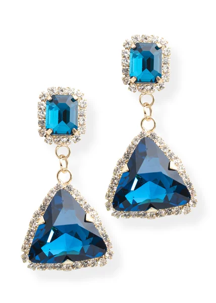 Gold earrings with sapphires isolated on white — Stock Photo, Image