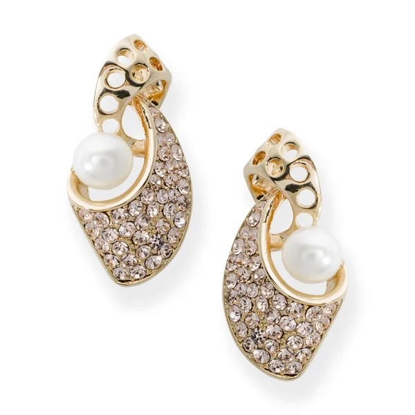 Gold earrings with pearls isolated on white — Stock Photo, Image