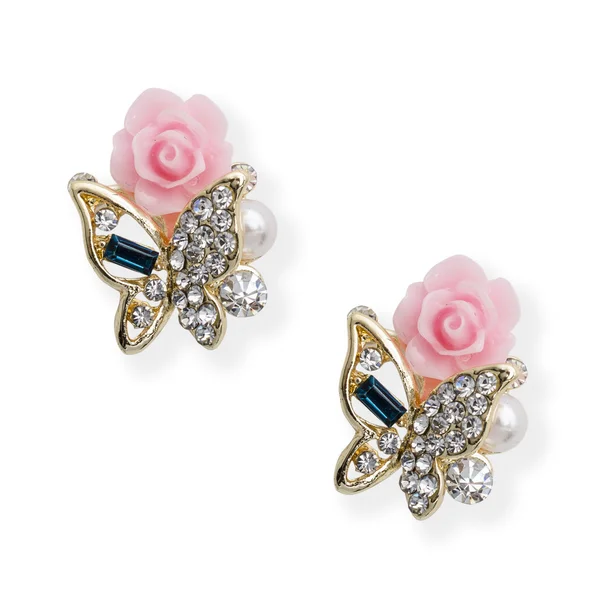 Boucles d'oreilles en or avec papillon et rose isolé sur blanc — Photo