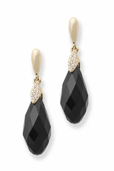 Gold earrings with onyx isolated on white — Stock Photo, Image