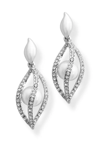 Earrings with pearls and diamonds isolated on white — Stock Photo, Image