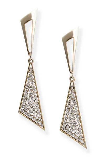 Χρυσά σκουλαρίκια με διαμάντια που απομονώνονται σε λευκό — Φωτογραφία Αρχείου