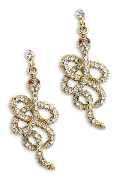 Boucles d'oreilles en or en forme de serpent sur fond blanc — Photo