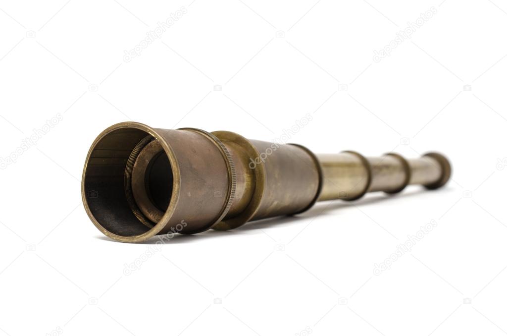 the vintage antique telescope on a white background