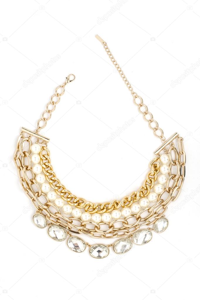 necklace with chain, pearls and diamonds isolated on white