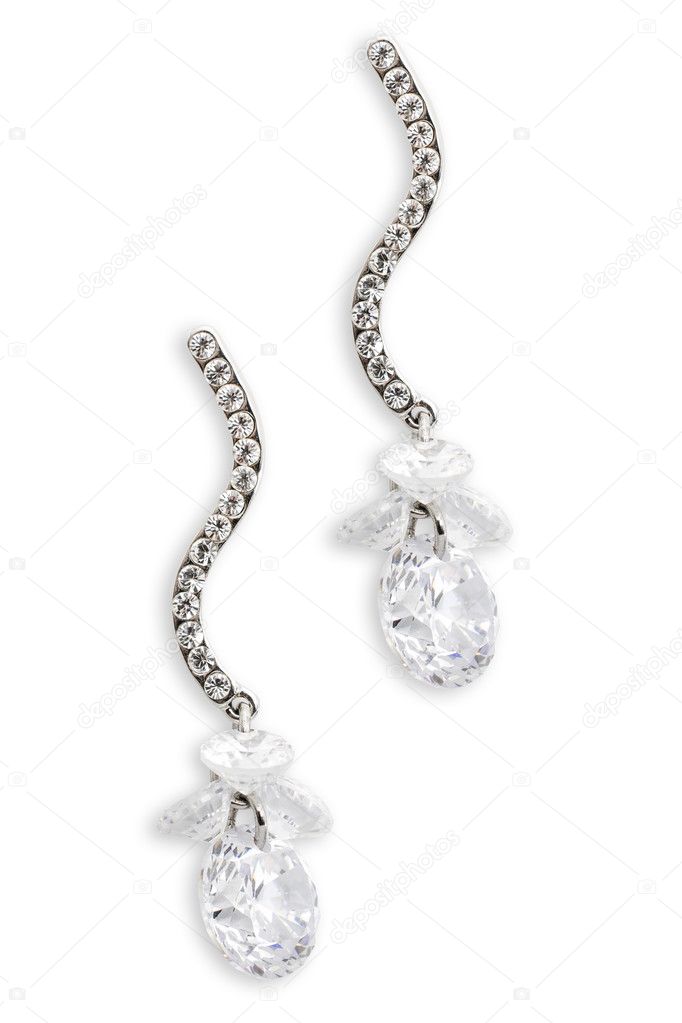 silver earrings with diamonds isolated on white