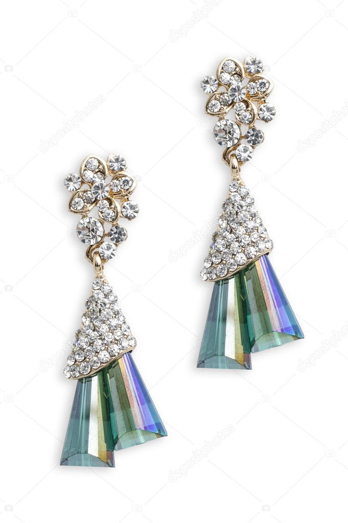 gold earrings with emeralds isolated on white