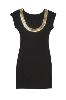 Altın yaka ile siyah elbise