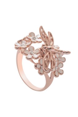 beyaz zemin üzerinde bir yusufçuk ile altın yüzük