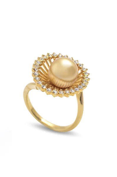 Gold ring with pearls on a white background — Stock Photo, Image