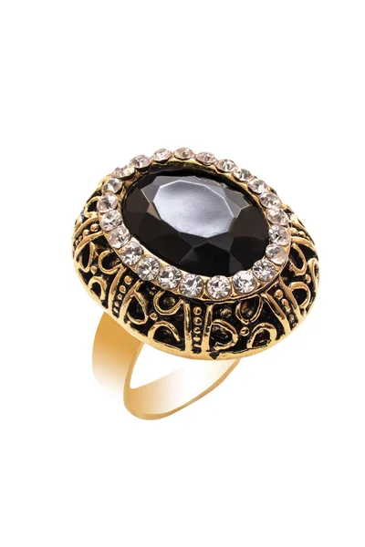 Gold ring with onyx on a white background — Stock Photo, Image