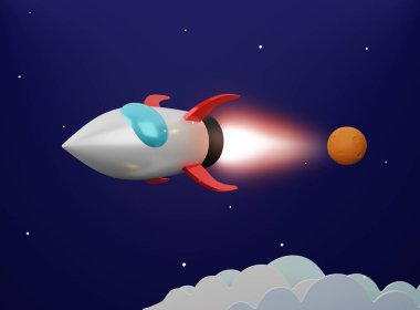 Roket uzayda ay ve yıldızlarla uçuyor - 3 boyutlu çizgi film görüntüsü