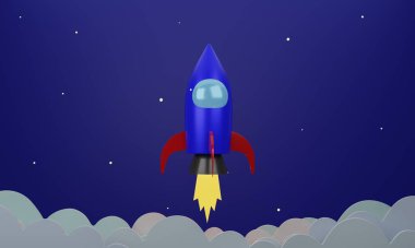 Roket bulutlar ve yıldızlarla uzayda havalanır - 3 boyutlu çizgi film görüntüsü