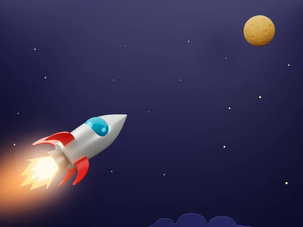 Rocket flying in space with moon and stars - 3 D cartoon image