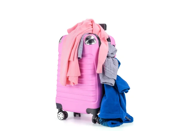 Uma Mala Rosa Cheia Roupas Sujas Dia Viagem Para Férias — Fotografia de Stock