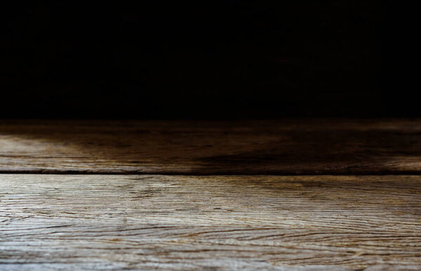 Old wooden table in kitchen or interior, vintage atmosphere on a dark background. Or black on a brown board Suitable for use as a backdrop or display.