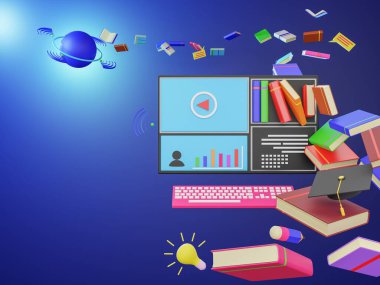Çevrimiçi eğitim için konsept Online eğitim kursları uzmanlık eğitimi tatbikatları web tasarımı, afişler ve tanıtım materyalleri için kullanılabilir. Üç boyutlu tasarım mavi arkaplan
