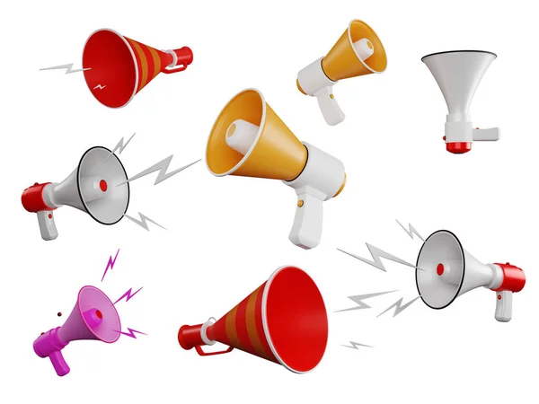 Set Realistic Yellow Red Megaphone Speaker Bullhorn Speaker Isolated Modern — Stock Photo, Image