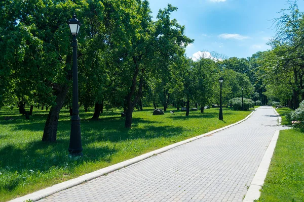 Park rekreacyjny z chodnikiem, latarnią i drzewami — Zdjęcie stockowe