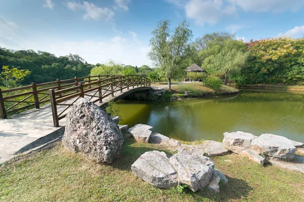 Puente de madera peatonal en el parque a la isla a través del río — Foto de Stock