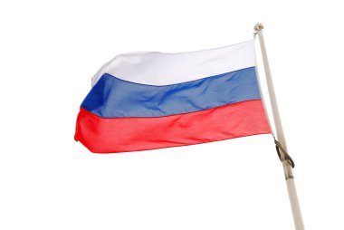 Beyaz arka planda izole edilmiş Riusya Federasyonu bayrağının yakın plan görüntüsü.