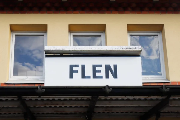 Close Flen Railroad Station Name Sign — Stock Photo, Image