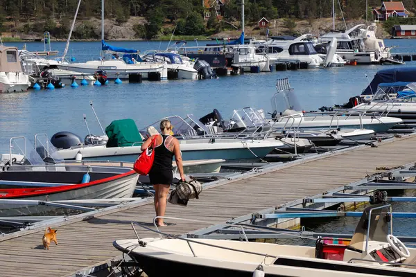 2020年6月26日 瑞典尼纳沙姆 一名妇女带着一只狗在码头上与游艇同行 — 图库照片
