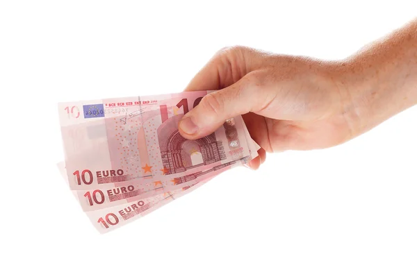 Hand holding three 10 euro bills — Stock Photo, Image