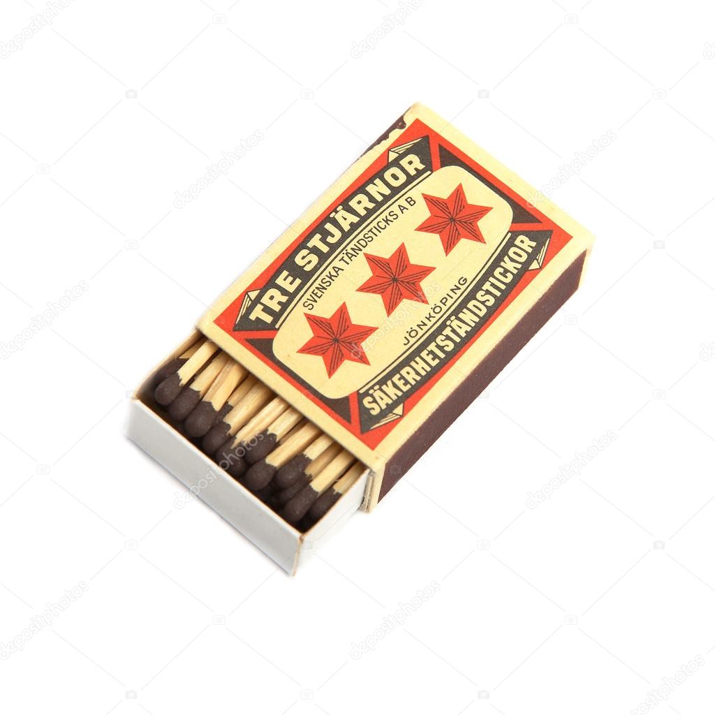 An old Swedish matchbox from Swedish Tandsticks AB in Jonkoping. Three stars, safety matches