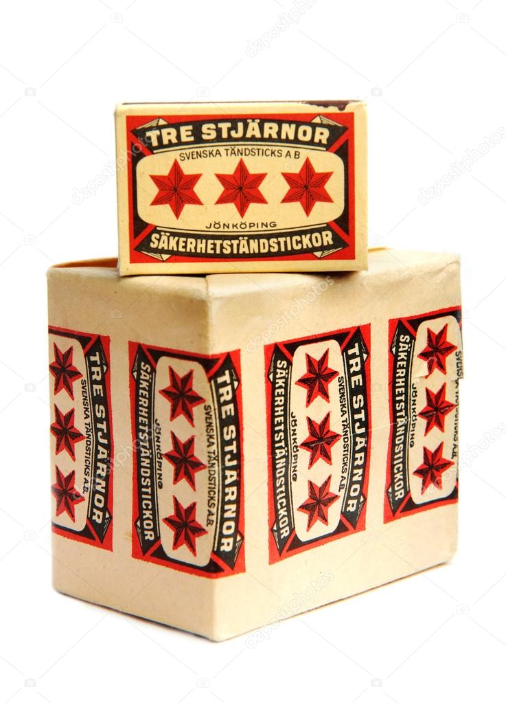 An old Swedish matchbox on top of a 10-pack from Swedish Tandsticks AB in Jonkoping. Three stars, safety matches