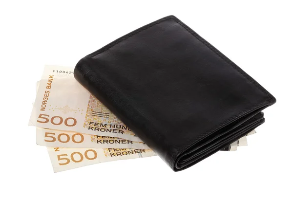 Schwarze Brieftasche obenauf norwegische Währung — Stockfoto