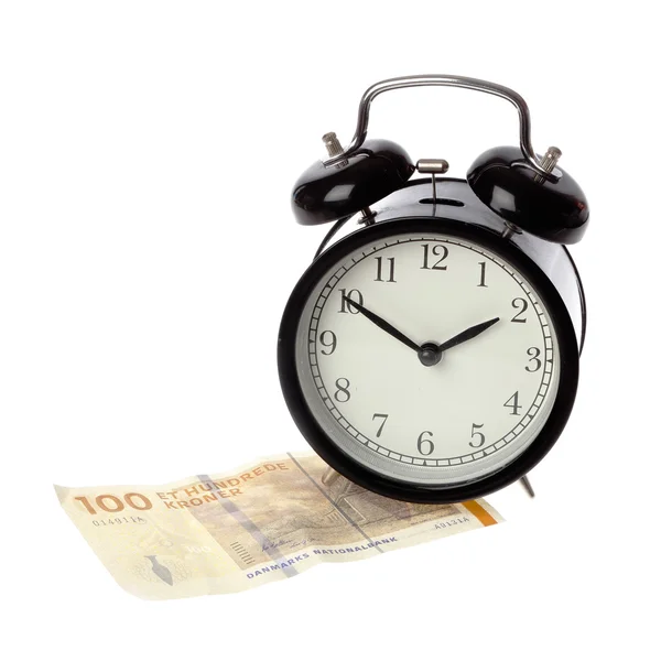 ALARAM zegar na duński pieniądze — Zdjęcie stockowe