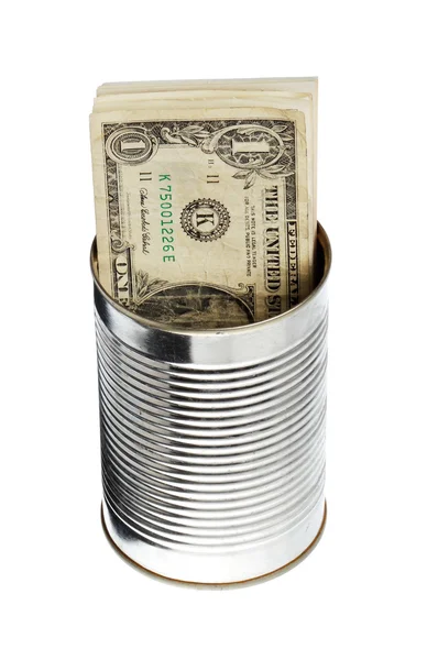 Contas de dólar em uma lata — Fotografia de Stock