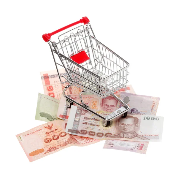 Shopping cart on Thai banknotes — Stock Photo, Image