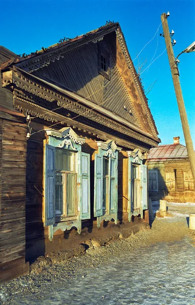 Old Russian Wooden House Times Russian Empire Elements Carved Decorations — Stock Photo, Image