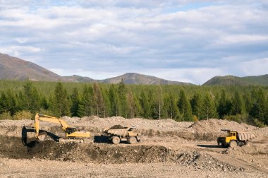 Çöp kamyonu ve kazıcı iş başında. Madencilik. Kazıcı, bir çöp kamyonunun cesedine dağ toprağı yüklüyor.