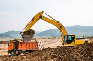 Toprak işleri, kazıcı bir kargo kamyonunun cesedine toprak yüklüyor.