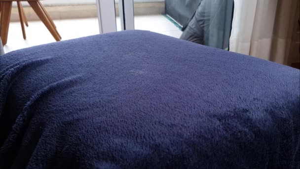 Gros plan de bulles de savon tombant sur un couvre-lit bleu foncé. — Video