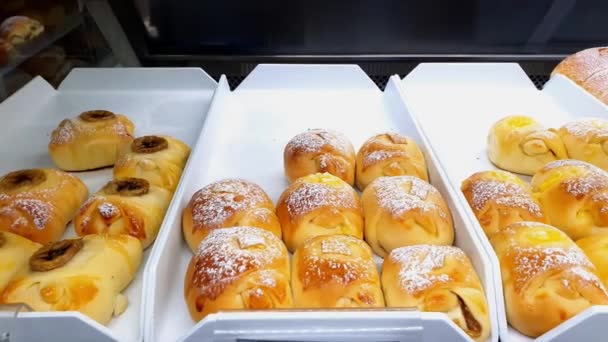 Dulces de panadería de Brasil. Panes pequeños hechos con harina de trigo, cubiertos con azúcar granulada y coco rallado. — Vídeos de Stock