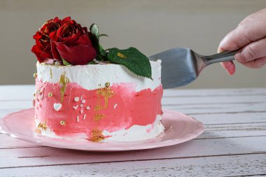 İsviçre kremalı bir dilim çikolatalı pasta kesme (kenar görünümü)).