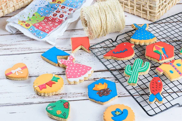 Buttery Biscuits Topped Royal Icing Different Formats Theme Brazilian June — Stock Photo, Image