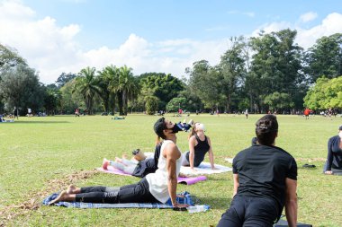 Sao Paulo, Sao Paulo, Brezilya - Temmuz 04, 2021: 28 yaşındaki Brezilyalı genç adam yukarı bakan köpek pozisyonunda grup yoga dersi veriyor.