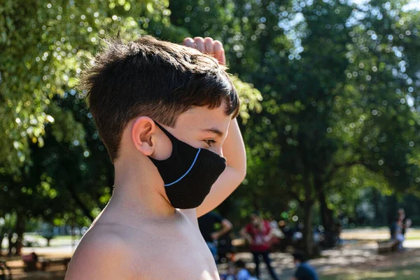 Closeup Year Old Child Public Park Wearing Mask Shirtless Scratching — Stock Photo, Image