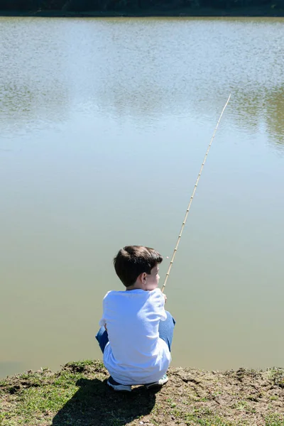 8 yaşında Brezilyalı bir çocuk, çömelmiş ve kıyıya bakıyor, güneşli bir günde gölün kenarında balık tutuyor..